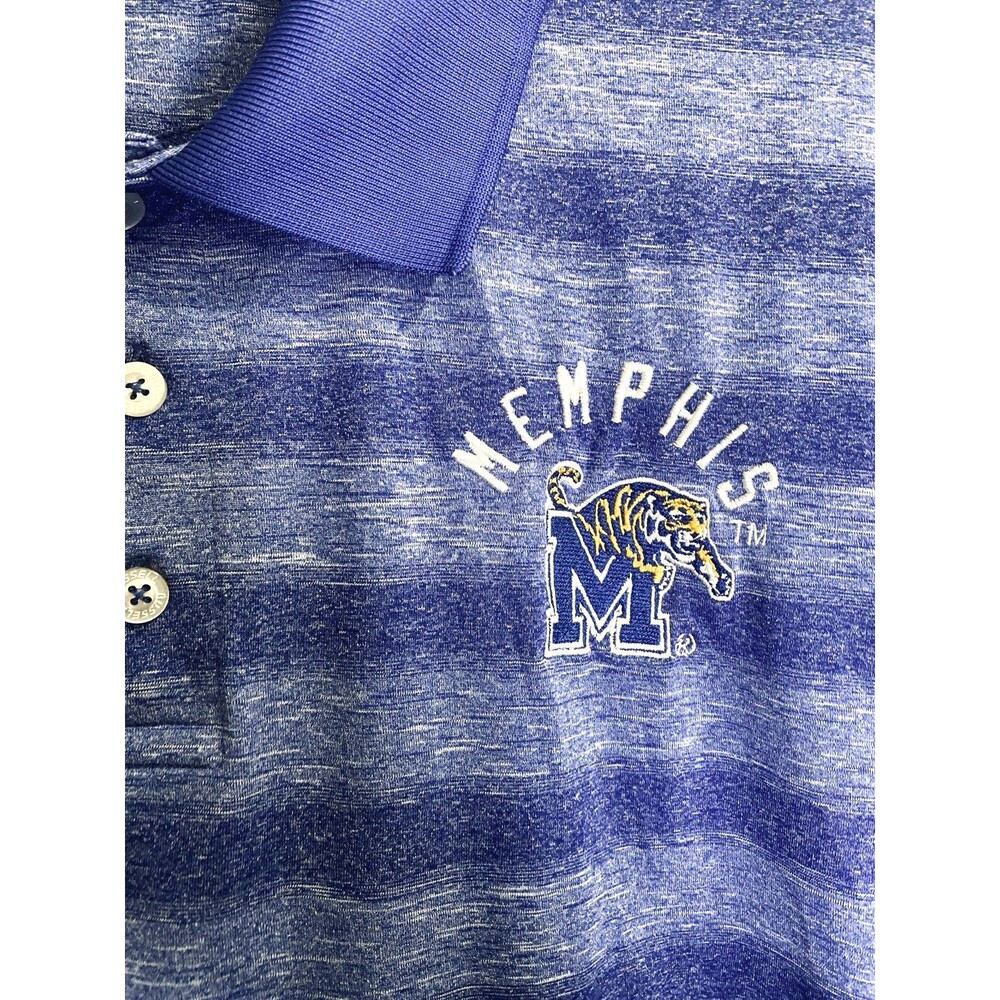 Memphis Tigers Polo Shirt Mens 2XL 2XG Blue Russell Striped Embroidered W/Logo